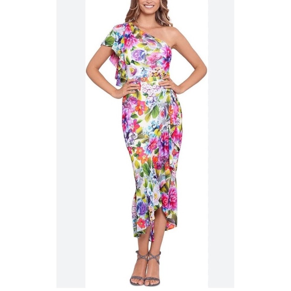 Betsy & Adam Womens Floral Print Ruffled One Shoulder Midi Dress Gown Size 2